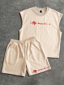 PAVTROS Men's Embossed Crew Neck Tank Top And Drawstring Waist Pocket Shorts Set - Khaki - View 3