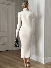 SHEIN Women Solid Color Ribbed Bodycan Sweater Dress - Grey - View 2
