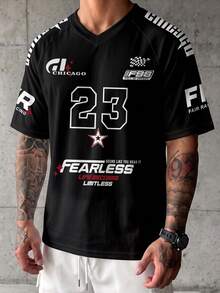 Manfinity Gritte Field Camiseta deportiva de malla con cuello en V y estampado del número 23 para hombres, de secado rápido y transpirable, manga corta para motocross - Multicolor - Ver 5