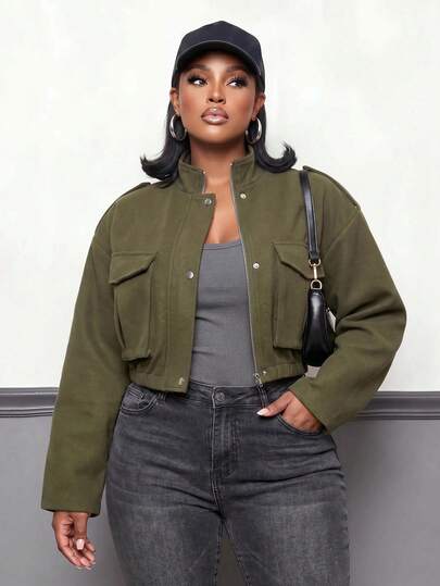 Slaydiva Plus Size Women's Solid Color Long Sleeve Zip-Up Utility Jacket Fall