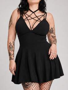 ROMWE Goth Vestido corto sexy con cordones y estampado de estrellas para tallas grandes - Negro - Ver 1