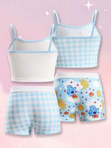 SHEIN X Care Bears Young Girl Cartoon Print Camisole Top And Hipster Panty Underwear Set - Blue and White - View 2
