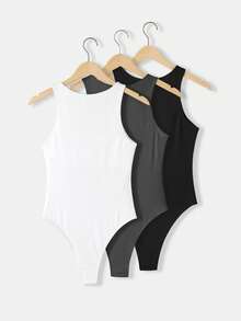 SHEIN BASICS 3件組女款休閒極簡基礎圓領無袖修身純色針織連身衣 夏季日常上班穿搭 白色 灰色 黑色 - 深灰色 - 查看 3
