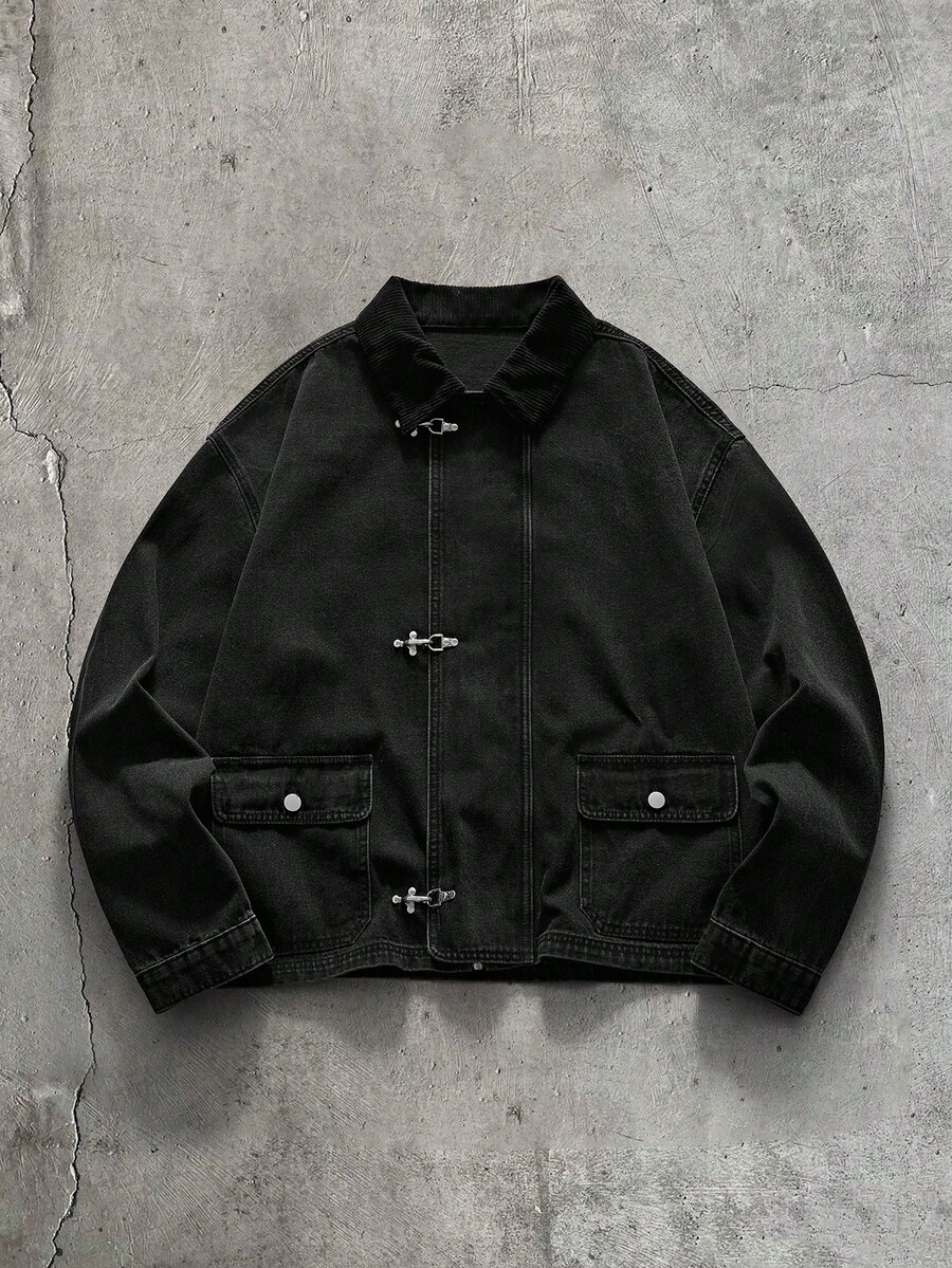AXEPEAK Men's Casual Denim Jacket, Spring/Autumn - Black - View 1