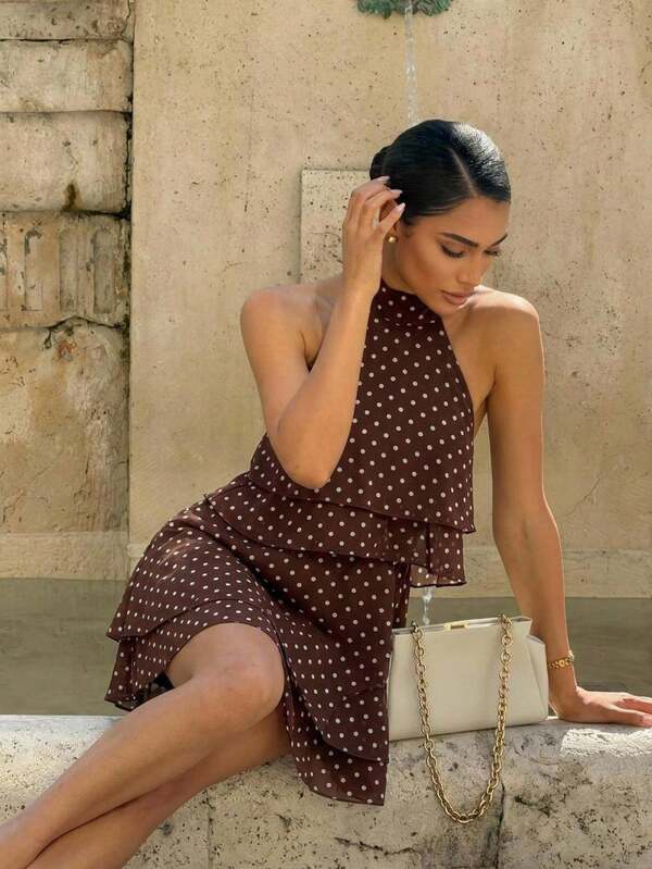 Firerie Brown Polka-Dot Short-Sleeved Leaf-Shaped Sleeveless Dress With A Draped Neckline Comfortable Casual Going Out Vacation Date Night