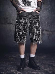 Vyqestra Men's Loose Fit Casual Straight Leg Denim Shorts With Pockets Punk Y2K Acid Washed Grey For Slim-Fit Party Gothic Men Shorts - Dark Grey - View 1