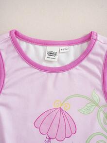 LOONEY TUNES X SHEIN Baby Girl Cartoon Print Round Neck Tank Top And Floral Print Shorts Set - Pink - View 3