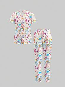 TaskEZ Conjunto de top de manga corta y pantalones de uniforme médico, con estampado de graffiti lindo, adecuado para hospital de mascotas - Multicolor - Ver 1