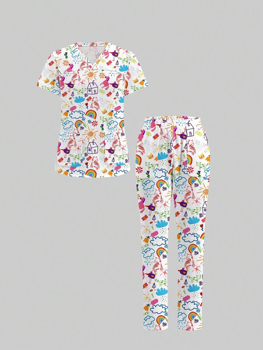 TaskEZ Conjunto de top de manga corta y pantalones de uniforme médico, con estampado de graffiti lindo, adecuado para hospital de mascotas - Multicolor - Ver 1
