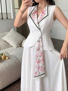 Modelyn Spring/Summer Commuter Day Party Elegant Elegant Floral Print Bow Tie Waist-Defining Slimming Blazer Sleeveless Set Pink Floral White - White - View 7