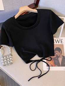 Franclia Matching Short Round Neck Raglan Sleeve Top + Straight Leg Pants With Slant Pockets - Black - View 3