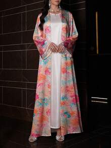 SHEIN Najma 女款花卉植物夢幻配色印花優雅阿拉伯式長袍，春秋時尚長袖前開襟長外套，舒適緞面阿拉伯風服飾 - 彩色 - 查看 3