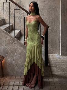 SHEIN BAE Women's Summer Sage Green Floral Elegant Romantic Luxurious Spaghetti Strap Mesh Beaded Embroidered Mermaid Dress For Birthday Party Dinner Wedding - Green - View 1