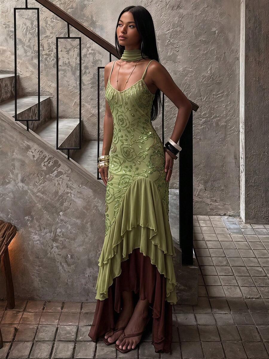 SHEIN BAE Women's Summer Sage Green Floral Elegant Romantic Luxurious Spaghetti Strap Mesh Beaded Embroidered Mermaid Dress For Birthday Party Dinner Wedding - Green - View 1