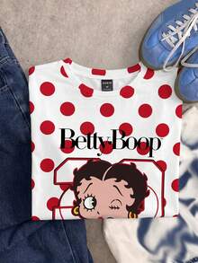 Betty Boop x SHEIN SHEIN EZwear 休閒波點卡通印花圓領短袖寬鬆女款T恤 - 彩色 - 查看 5