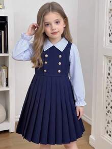 SHEIN 1件女童 2合1 藍白條紋拼接 海軍藍領泡泡袖長袖百褶 A字收腰傘裙，休閒復古學院風韓式時尚洋裝，適合春/秋日常穿著、旅行、度假、派對等場合 - 彩色 - 查看 11