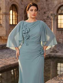 Serin Plus Size Elegant Classy Formal Party Bridesmaid Dusty Blue 3D Floral Flutter Sleeve Chiffon Ruched A-Line Dress Evening Dinner Wedding Prom Fall - Baby Blue - View 7