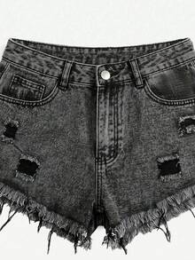 SHEIN Tall CURVE Plus Size Solid Color Frayed Hem Ripped Slant Pocket Casual Denim Shorts - Blue - View 3