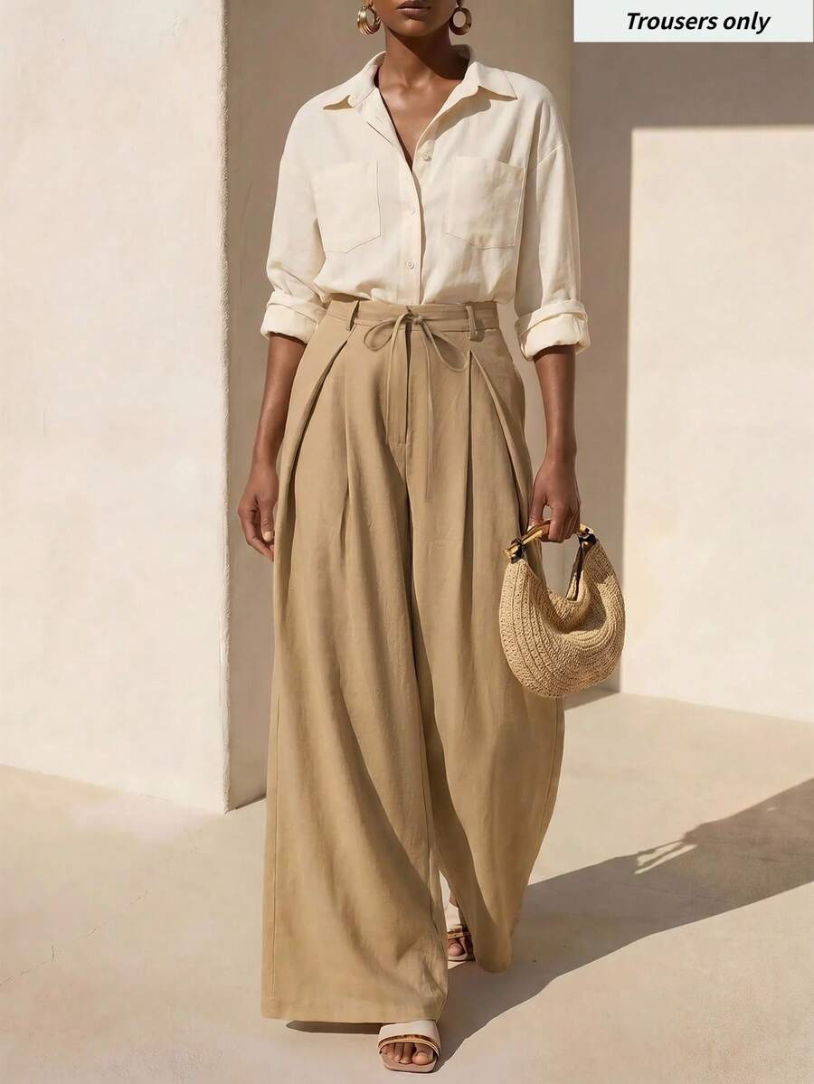 Zivah New Women's Solid-Color Wide-Leg Suit Trousers Featuring A Drawstring Waist, Pockets, And Pleated Details-Suitable For Various Occasions. - Khaki - View 1