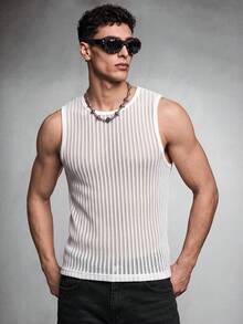 Zorclune Hochwertige, minimalistische und bequeme Herren Jacquard Gestreiftes Ärmellos Tank Top, geeignet für lässig, Büro, Dates, Partys, formelle oder informelle Anlässe, vielseitiges Design, ideal zum Selbsttragen oder als Geschenk Mesh Tank Top Herren Herren Häkel Top Strick Tank Top Herren Herren Mesh Top, Urlaub - Weiss - Übersicht 1