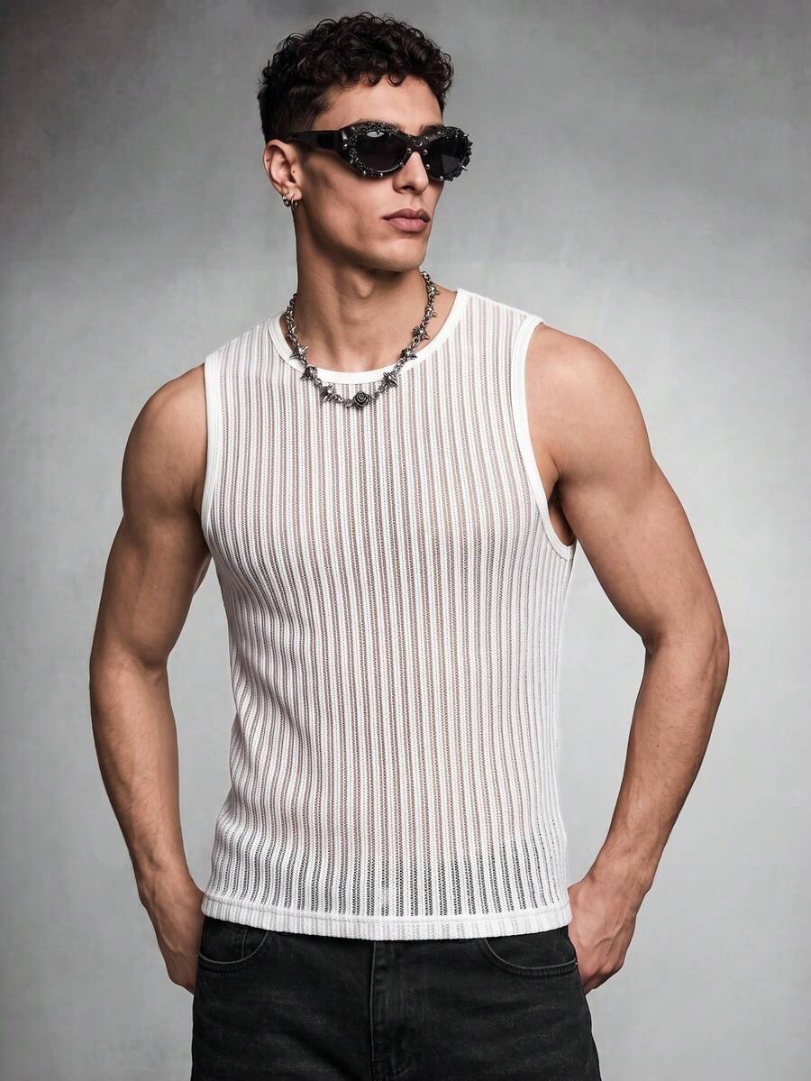 Zorclune Hochwertige, minimalistische und bequeme Herren Jacquard Gestreiftes Ärmellos Tank Top, geeignet für lässig, Büro, Dates, Partys, formelle oder informelle Anlässe, vielseitiges Design, ideal zum Selbsttragen oder als Geschenk Mesh Tank Top Herren Herren Häkel Top Strick Tank Top Herren Herren Mesh Top, Urlaub - Weiss - Übersicht 1
