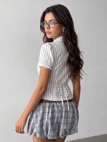 Aloruh Blouse rayée en patchwork de dentelle française pour femmes, chemise d'été à manches pétales, taille cintrée et col court - Multicolore - Voir 2