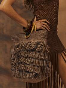 MUSERA Layered Straw Fringe Bamboo Top Handle Tote Beach Bag Spring Summer Beach Swim Festival Vacation Cute Daily - dark brown - View 2