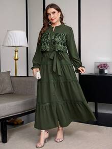 Reflora Plus Size Vacation Fashion Lace Patchwork Flared Cuff Button Dress - Green - View 6