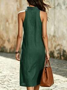 Balvessa Women's Solid Color Notched V-Neck Casual Daily Summer Mid-Length Dress - Dark Green - View 2