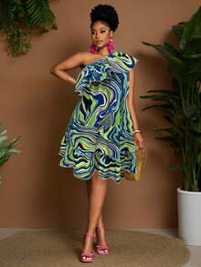 Maweii Vestido línea A con hombro asimétrico, volantes y estampado de rayas para mujer talla grande - Multicolor - Ver 4