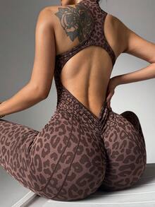 Slayform Slayform 1pc Women's Seamless Leopard Print Yoga Jumpsuit,Front Zipper Stand Collar Racerback Backless Brown Summer Gym Workout Activewear Bodycon Suit - Coffee Brown - View 7