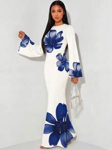 Veilorie Women's Elegant Long Sleeve Flared Back Tie Waist Mermaid Hem Dress - White - View 8