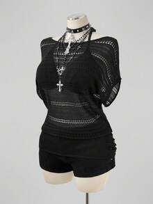 Sunspun French Style Exquisite Cinched Waist Square Neck Batwing Sleeve Hollow Out Off-Shoulder Unique Knit Top - Black - View 4
