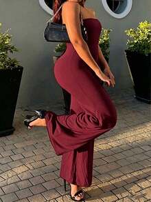 INAWLY Plus Size Summer Fashion Solid Color Strapless Jumpsuit - Burgundy - View 2
