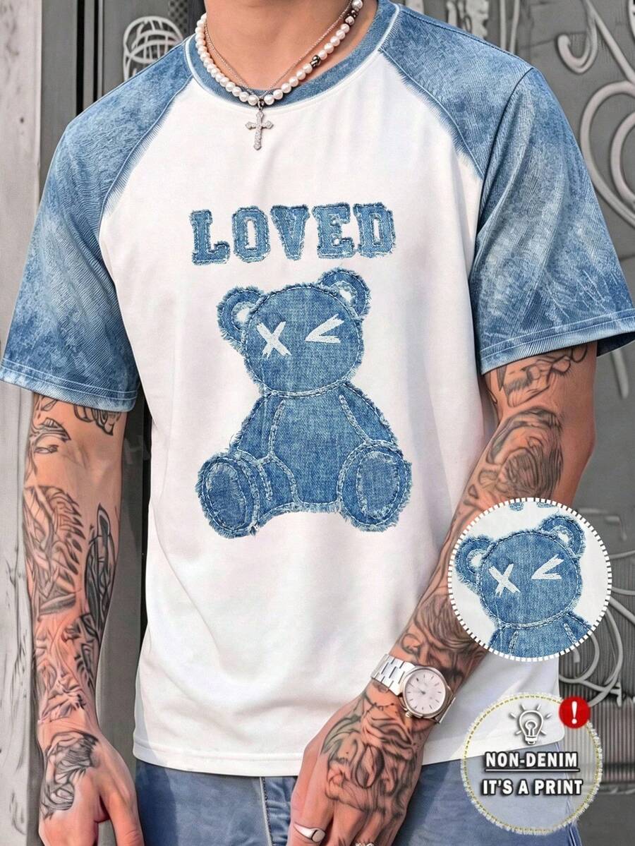 GENTILAND Retro American White Contrast Color Drop Shoulder T-Shirt With Cartoon Bear Print,Summer Casual Streetwear Crew Neck Graphic Tee For Men's,City Break - Multicolor - View 1