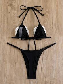 Swim SXY Conjunto de bikini de cuello halter con detalles de flores 3D y bloques de color para playa de verano - Negro - Ver 4