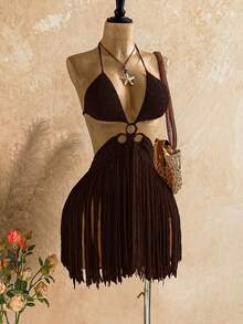 Soleia Women's Solid Color Tassel Crochet Sexy Boho Date Beach Knit Halter Dress Dark Brown Autumn - Coffee Brown - View 8