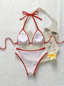 Swim Mod 女款夏季兩件式泳衣套裝，小龍蝦印花拼色條紋時尚甜美海灘度假風 - 彩色 - 查看 7