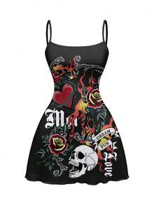 ROMWE Street Life Dark Punk Music Festival Mysterious Heart & Thorn Allover Print Sexy Spaghetti Strap Stretchy Plus Size Dress, Spring/Summer - Black - View 1
