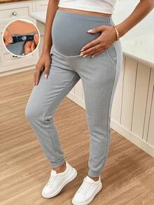 SHEIN بنطال رياضي طويل ضيق بتصميم بسيط مع جيوب للحوامل، مناسب للربيع والخريف - رمادي - مشاهدة 2