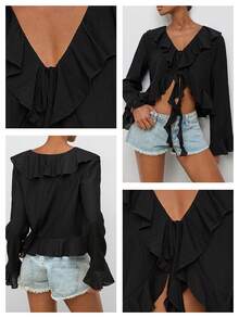 Maija Women's Solid Color Patchwork Ruffle Front Tie Long Sleeve Blouse - Black - View 7