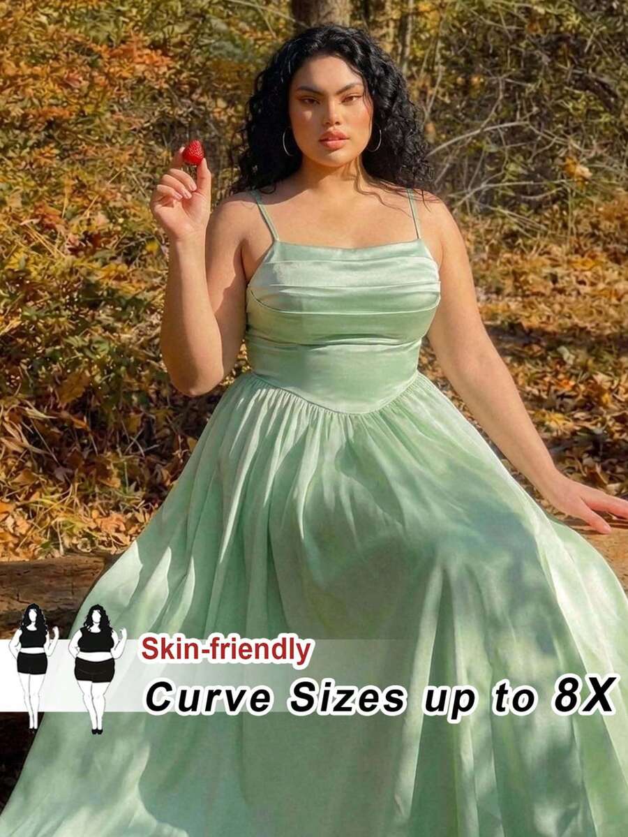 SHEIN CURVE+ 大码复古宫廷绿荷叶边露肩连衣裙,适合度假、约会、生日庆祝、下午茶和节日穿着。 - 綠色 - 查看 1
