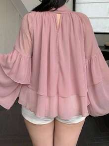 Dazy Plus Solid Color Chiffon Loose Ruffle Bell Sleeve Bow Tie Elegant Vacation Summer Blouse Pink Shirt - Pink - View 3