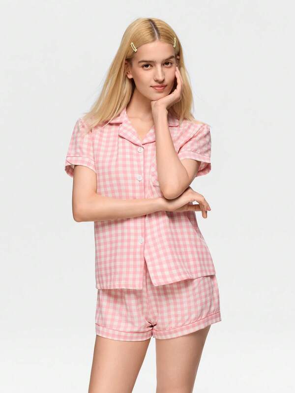 Bonmuse 2pcs Comfortable Plaid Print Pajama Set, Short Sleeve Collared Top With Pocket And Bow Shorts, Women Sleepwear Homewear For All Seasons