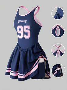 SHEIN 少女休闲运动字母印花撞色交叉露背运动连衣裙 - 彩色 - 查看 4