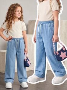 SHEIN Explorewe 女童牛仔褲，秋季新品，淺藍色，彈性腰帶抽繩設計，寬鬆版型，輕量柔軟牛仔布料製成，舒適親膚，適合四季穿著，日常穿搭、拍照、購物、旅行、度假等多用途，2026新款女童牛仔褲 - 淺色水洗藍 - 查看 4