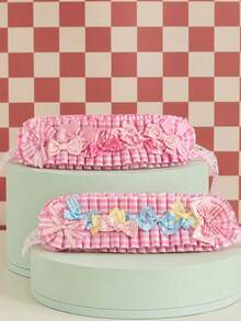 Zazumi 1PC/2PCS Kawaii Soft Girl Hair Band Pink Plaid Pleated Pastel Bows Ruffled Frill Hair Decor Accessory With Lace Strap For Casual Outings Gatherings - Multicolor - View 10
