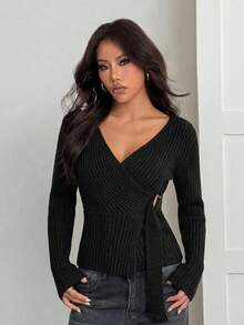SHEIN 女装不对称圆环细节罗纹针织毛衣上衣 - 黑色 - 查看 4