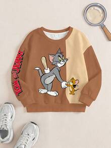 TOM & JERRY X SHEIN 小男孩字母卡通印花圓領長袖休閒運動衫 - 白色 - 查看 1