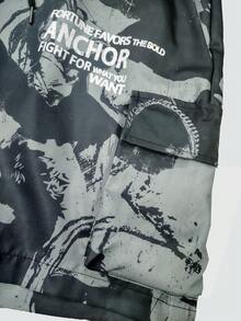 ROMWE MEN Street Life Celana Pendek Kargo Pria dengan Tali Serut dan Motif Huruf, Kasual, Serbaguna, untuk Perjalanan Sehari-hari - Grey - View 4